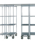 Twelve Foot High Density Shelving With Chrome Silver Finish Delivers Heavy Duty Commercial Storage Measuring 48 By 18 By 76 Inches with wheels.