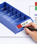 100 Drawer Nuts And Bolts Organizer Cabinet With 26 Inch By 9 Inch By 46 Inch Storage, blue drawer with label stickers