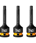 Rock Solid Heavy Duty T Forty Impact Torx Socket Set Long Star Bits Half Inch Drive With Epoxy Fill Markings in black and orange.