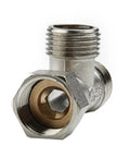 Heavy Duty Half Inch Brass T Adapter Valve Easy Peasy Bidet Sprayer And Shower Hose Splitter Diverter Fixture close-up view.