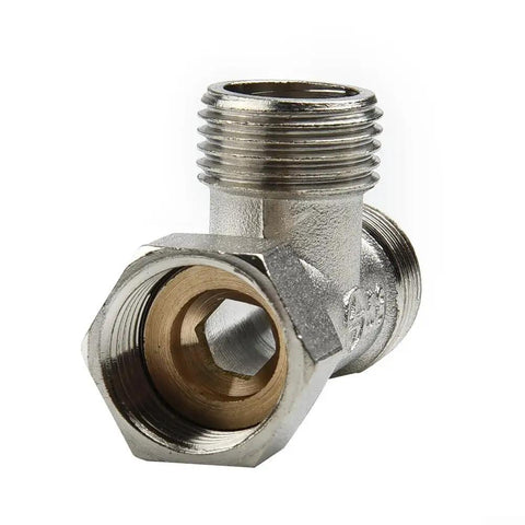 Heavy Duty Half Inch Brass T Adapter Valve Easy Peasy Bidet Sprayer And Shower Hose Splitter Diverter Fixture close-up view.