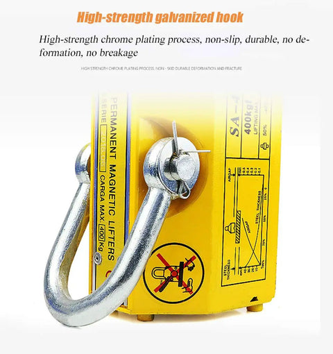 Heavy Duty Magnetic Lifter Featuring Rock Solid 1320lb Pull Strength With A Smooth Rotating Grip For No Sweat Steel Plate Handling During Tough Industrial Metal Crane Hoist Projects, showing galvanized hook detail.
