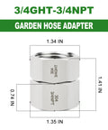 Heavy Duty 304 Stainless Steel Garden Hose Adapter Set 3/4 GHT Female To 3/4 NPT Female Swivel Fittings With Washers To Keep Leaks At Bay, Rustproof Lead Free Durable Outdoor Hose Connectors. 3/4 GHT to 3/4 NPT adapter dimensions shown