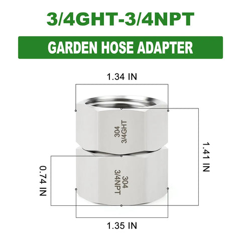 Heavy Duty 304 Stainless Steel Garden Hose Adapter Set 3/4 GHT Female To 3/4 NPT Female Swivel Fittings With Washers To Keep Leaks At Bay, Rustproof Lead Free Durable Outdoor Hose Connectors. 3/4 GHT to 3/4 NPT adapter dimensions shown