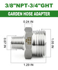 Five Pack 304 Stainless Steel Garden Hose Adapters Three Quarter Inch GHT Male To Three Eighth Inch NPT Male With Washers Durable Forged Fittings For Leak Free Outdoor Watering Setup dimensions image