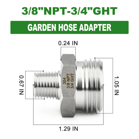 Five Pack 304 Stainless Steel Garden Hose Adapters Three Quarter Inch GHT Male To Three Eighth Inch NPT Male With Washers Durable Forged Fittings For Leak Free Outdoor Watering Setup dimensions image