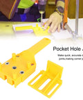 8 Piece Woodworking Dowel Jig Kit With Portable Hands On Design for precision pocket hole drilling in yellow ABS material displayed with drill