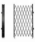 Heavy Duty Double Folding Security Gate Built Like A Tank For Garage And Warehouse With Rock Solid Expandable Metal Scissor Design and Four Lockable Rolling Casters, showing folded and expanded views.