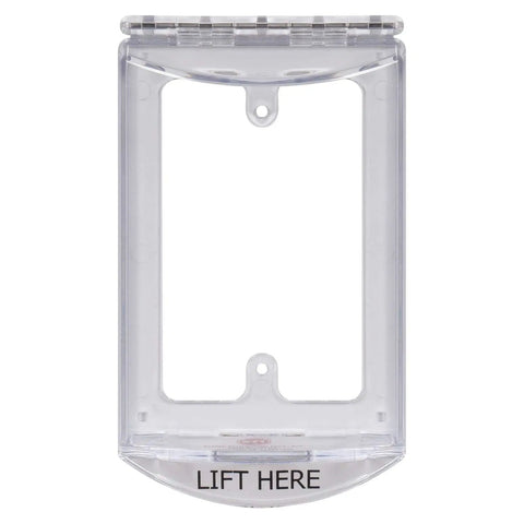 Hinged Clear Polycarbonate Protective Cover For Single-Gang Boxes With Built-In Mounting Plate, showing front view with open access.
