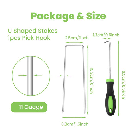 Package of Heavy Duty 6 Inch Galvanized Landscape Staples 50 Pack U Shaped Pins For Securing Weed Barrier Fabric and Pick Hook