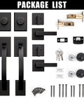 Package list of front door handle set with double door lock, dummy handle, heavy duty deadbolt, keys, screws, and hardware.