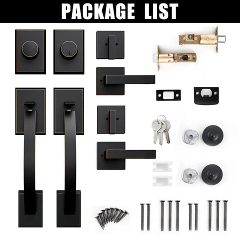 Package list of front door handle set with double door lock, dummy handle, heavy duty deadbolt, keys, screws, and hardware.