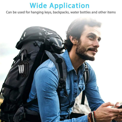 Hiker with backpack using Mini Aluminum Carabiners With Nickel Key Rings clipped to straps, showcasing outdoor use