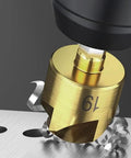 Close-up of a 19 mm countersink drill bit in use, part of the Three Piece Countersink Drill Bit Set 12 16 19 Mm With Hex Shank Pro Grade Titanium Coated High Speed Steel For Woodworking Heavy Duty 90 Degree Chamfer Cutter Black Professional Grade.