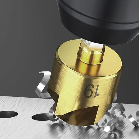 Close-up of a 19 mm countersink drill bit in use, part of the Three Piece Countersink Drill Bit Set 12 16 19 Mm With Hex Shank Pro Grade Titanium Coated High Speed Steel For Woodworking Heavy Duty 90 Degree Chamfer Cutter Black Professional Grade.