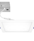 8 Inch Square Slim Recessed LED Downlight, 5 Selectable Color Temperatures, 1600 Lumens, No Sweat Switch Install, Top Shelf White Trim, Built Different For Any Room, showing panel and driver.
