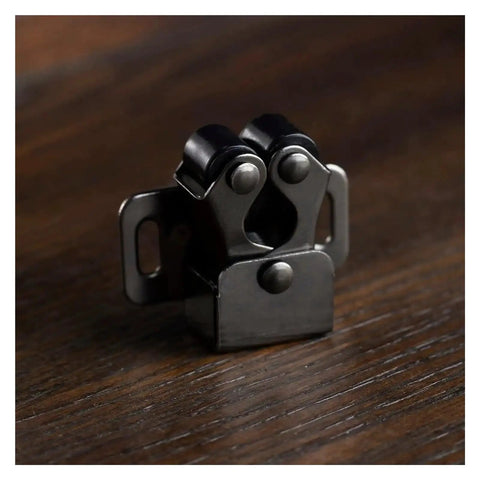 Antique Copper Cabinet Door Roller Catches With Double Latches, Striker And Mounting Screws on wooden surface