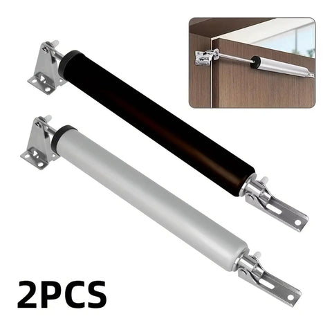 Two Piece Automatic Door Soft Close Kit With 90 Degree Positioning Stop in silvery finish, mounted on cabinet door.