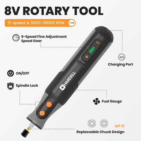 Lightweight Cordless Rotary Tool With Bright Led Halo And Fast Charge Battery Featuring Five Speeds At 28000 Rpm close-up view showing control buttons and features.