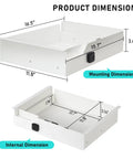 Sleek Under Desk Drawer With Biometric Fingerprint Lock Smooth Metal Slide Tray dimensions image showing 16.5 x 11.8 x 3.6 inches in white.