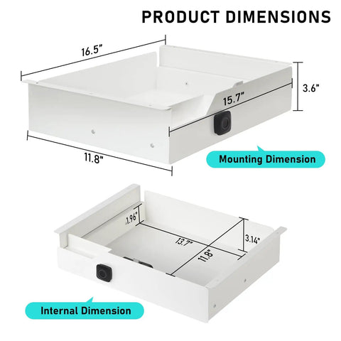 Sleek Under Desk Drawer With Biometric Fingerprint Lock Smooth Metal Slide Tray dimensions image showing 16.5 x 11.8 x 3.6 inches in white.