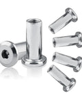 Heavy Duty 304 Stainless Steel Barrel Nuts And Hex Socket Furniture Rivet Inserts M2 Through M10 Sizes shown in detail.