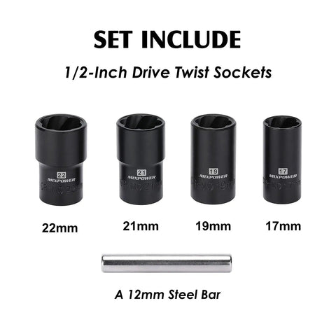 Super Tough Chrome Moly Lug Nut Remover And Bolt Extractor Set with 17 19 21 22 mm sockets and 12 mm punch bar tool displayed vertically