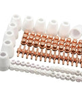 Ultimate 85 Pc Plasma Cutter Consumables Kit For Pt31 Lg40 Torch Cta And CT416 CT518D 40 Amp Machines with white ceramic and copper parts.