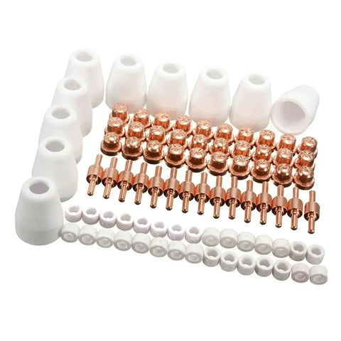 Ultimate 85 Pc Plasma Cutter Consumables Kit For Pt31 Lg40 Torch Cta And CT416 CT518D 40 Amp Machines with white ceramic and copper parts.