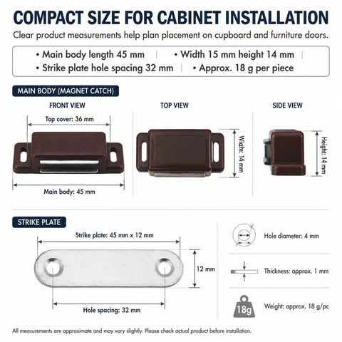 Diagram of Magnetic Cabinet Door Catch Latch with sizes for cupboards, wardrobes, bookcases, and shoe cabinets, 10 pack, ABS plastic.