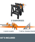 Clamping Sawhorses With Bar Clamps And A 7 Inch Metal Triangle Ruler For Precise DIY Woodworking, lightweight portable tools displayed.