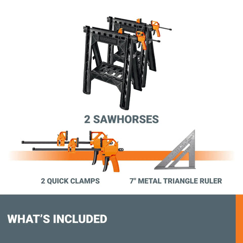 Clamping Sawhorses With Bar Clamps And A 7 Inch Metal Triangle Ruler For Precise DIY Woodworking, lightweight portable tools displayed.