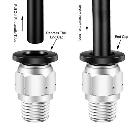 Diagram showing "One Half Inch Push To Connect Air Fittings Quick Connect To Three Eighths NPT Male Straight Two Pack Works With Air And Water" connection