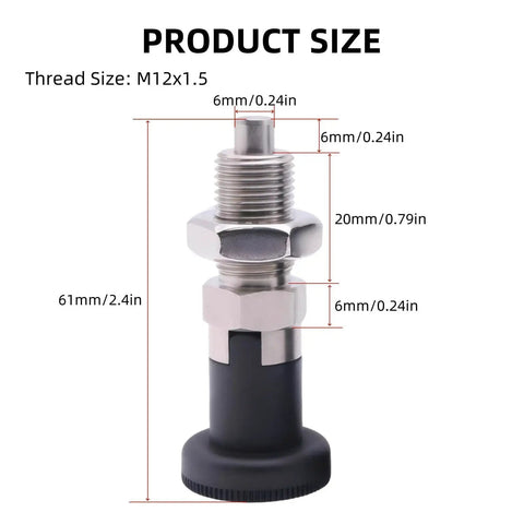 2 Pack Beefy Push Fit Ball Nose Spring Plungers M12x1.5 Stainless Steel Self Locking Indexing Plunger With Knob Positioning Pin And Lock Nut For Industrial Equipment Precision Alignment, front view showing dimensions and threading size.