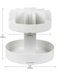 Smooth Rotating Two Tier Snack Carousel Countertop Organizer with dimensions 14in tall and 14.25in wide, sturdy white resin construction.