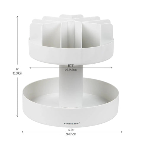 Smooth Rotating Two Tier Snack Carousel Countertop Organizer with dimensions 14in tall and 14.25in wide, sturdy white resin construction.
