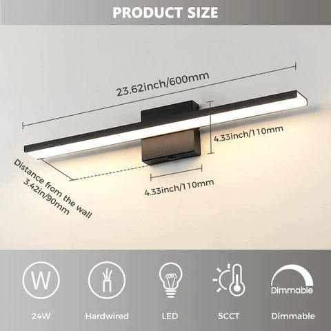 Modern Matte Black 16 Inch Aluminum Vanity Light Sconce For Bathroom Mirror Lighting shown with dimensions and features.