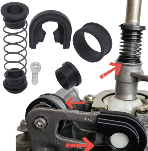 Manual Gearbox Repair Kit For VW Audi Seat Skoda With Shifter Linkage Bushes Reverse Lever First Gear Change And All Transmission Parts Wide Vehicle Compatibility For Golf Jetta Mk4 Polo Octavia Drivetrain Spare Parts image showing parts and installation areas with arrows.