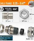 Half Inch NPT Brass Cable Gland Metal Cord Grip Strain Relief Two Pack with dimensions and components shown
