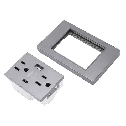 Upgrade Your Walls with this Sweet Grey Decora Outlet Featuring a Rock Solid Usb Type C Fast Charge Port and Matching Faceplate. Product close-up showing the outlet and faceplate.