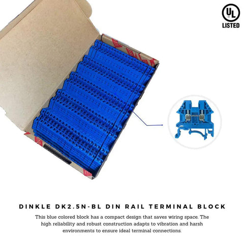 Pack of 100 Blue DK2.5N-BL DIN Rail Terminal Block Screw Type With UL 600V 20A 12-22AWG High Reliability Compact Wire Space Saver