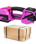 Cordless Electric Strapping Machine Automatic Pp Pet Strap Bander With Battery handheld tool above a strapped cardboard box.