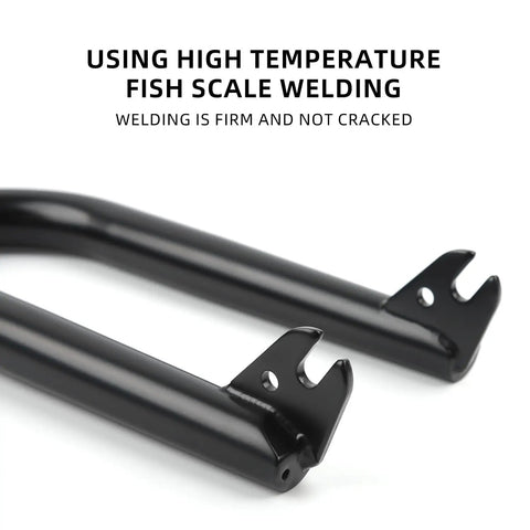Close-up of welding on a 20 Inch BMX Front Fork Crafted From Chromoly Steel For Hardcore Strength And Lightweight Performance, 28.6mm Steerer, 163mm Length, Standard 1 1/8 Inch, Silver Color, Built For Aggressive Street And Dirt Riding.
