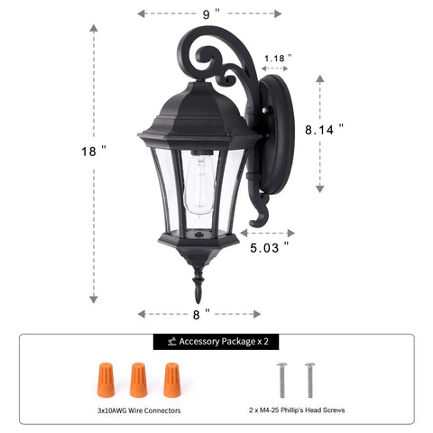 18 Inch High Outdoor Porch Wall Lantern With Dusk To Dawn Photocell Sensor Exterior Black Wall Mount Light dimensions and accessories