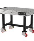 Heavy Duty Mobile Welding Station Rig With Precision Laser Cut Holes And Heavy Suspension For A Badass Workshop Setup And Custom Metal Craftsmanship Plus Locking Casters, 48x30 inch steel frame with casters.