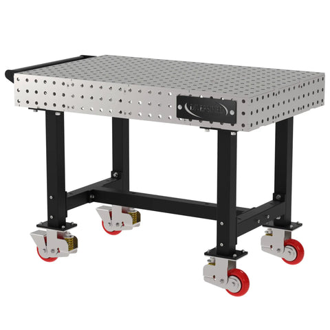 Heavy Duty Mobile Welding Station Rig With Precision Laser Cut Holes And Heavy Suspension For A Badass Workshop Setup And Custom Metal Craftsmanship Plus Locking Casters, 48x30 inch steel frame with casters.