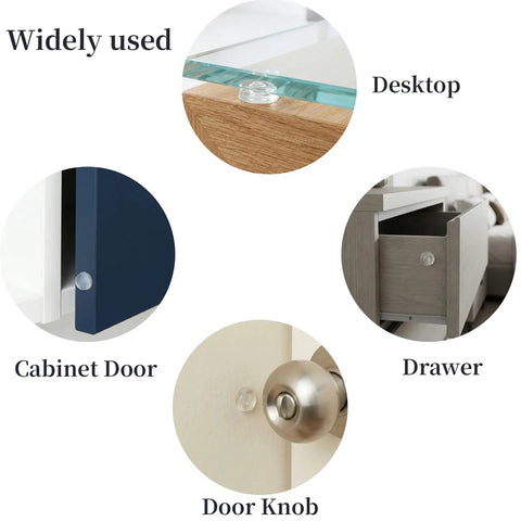 Straight Up Solid 164 Piece Pack Of Clear Self Adhesive Silicone Cabinet Door Bumpers and Furniture Protectors on various surfaces.