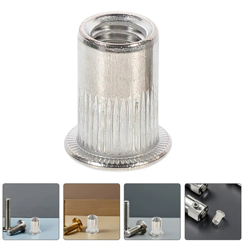 Stainless Steel Rivet Nuts M5 Flat Head 70pcs Threaded Insert Nut Kit for embedded installations.