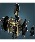 Heavy Duty Manual Lever Hoist With Hella Durable Ratchet System And Swivel Hooks Delivers Zero Slack Lock And Smooth Lift Capability For Any Garage Job, detailed view of ratchet mechanism and swivel hook.