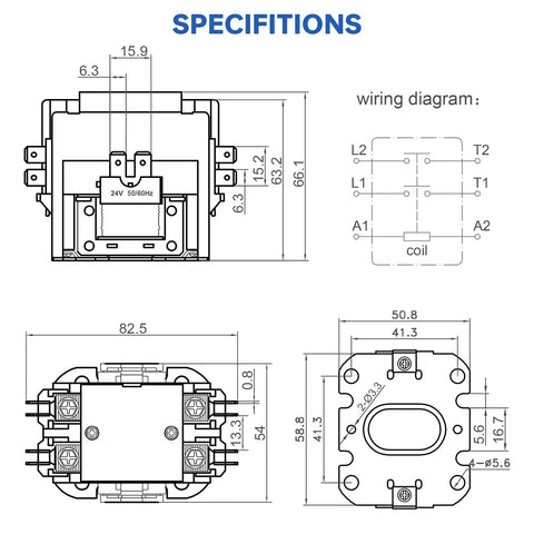 Technical specifications and wiring diagram for 2 Pole Definite Purpose AC Contactor 30 Amp Full Load Amps 24 VAC Coil
